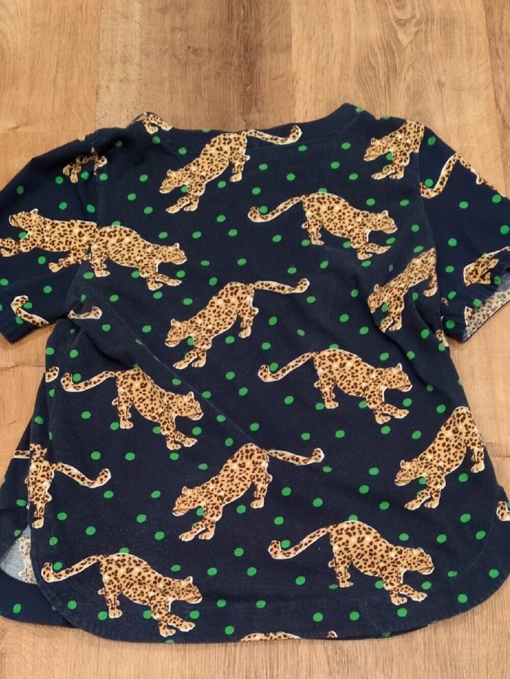 SALE - Anthropologie Navy Tee with Tan Leopard Motif and Green Polka Dots - Picture 2 of 7